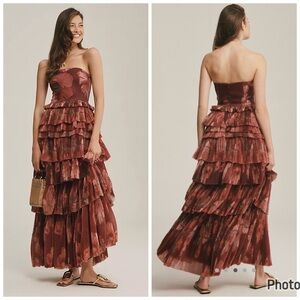 Anthropologie Floral Tiered Maxi Dress - Red and Pink